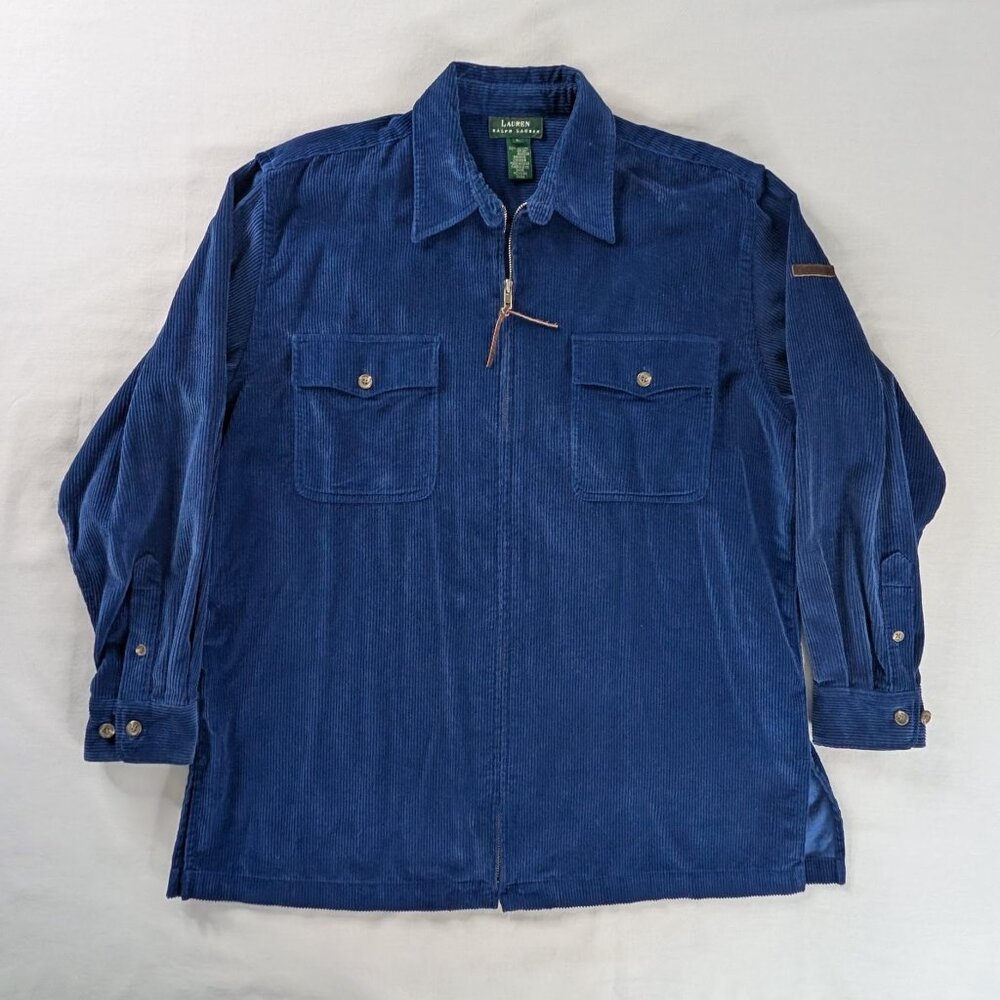VTG Lauren Ralph Lauren Rich Blue Corduroy Collared Zip Up Shacket Shirt Jacket